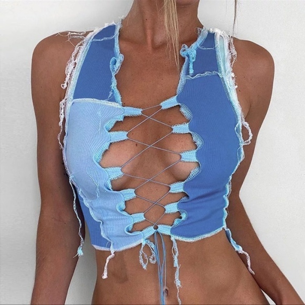 Y2K Blue Iconic Sexy Ribbed Hollowed Out Tank Top Vest Tie Small Stretch Dollz